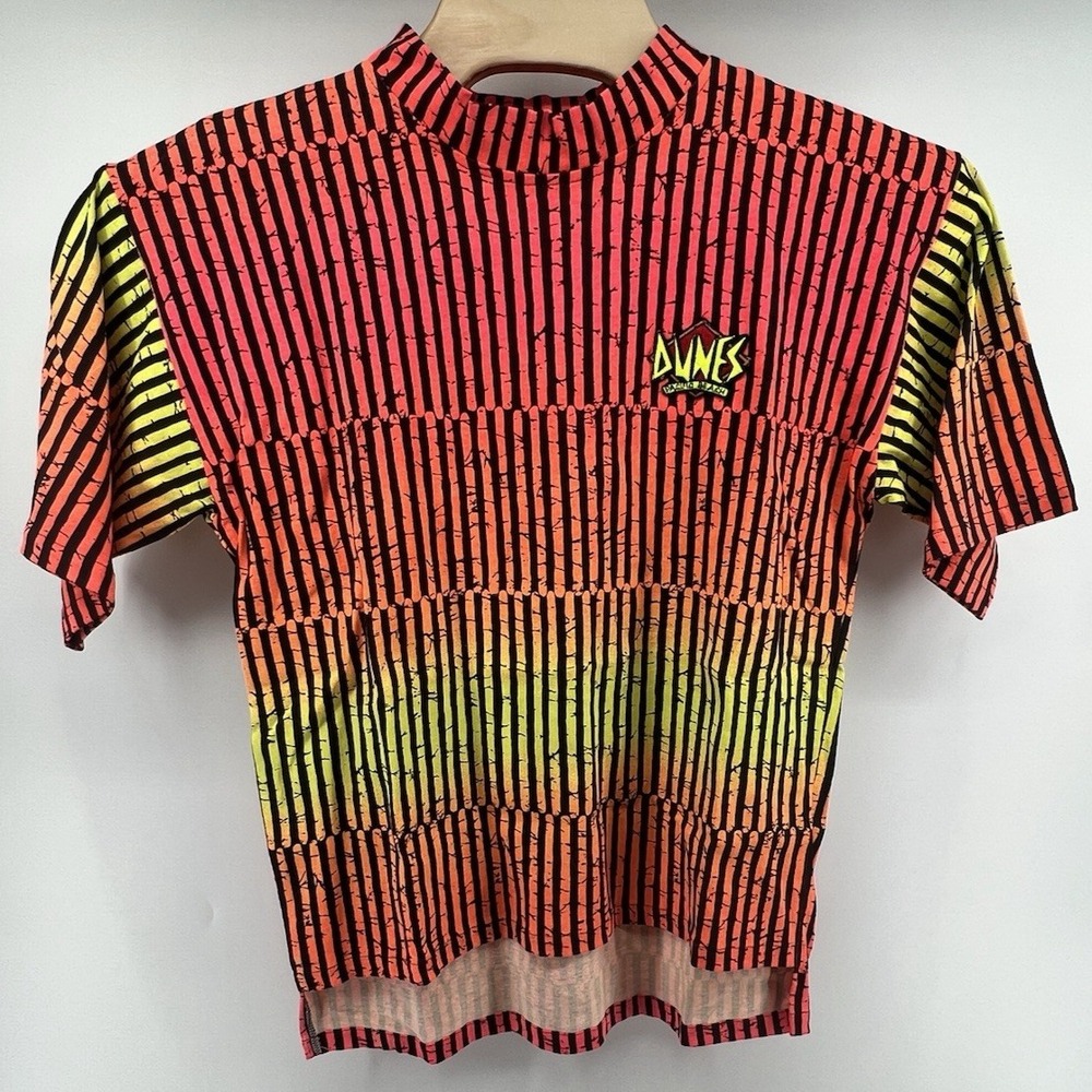Vtg 90s Dunes Pacific Beach Surf T-Shirt Mens Small Neon AOP Striped Made USA